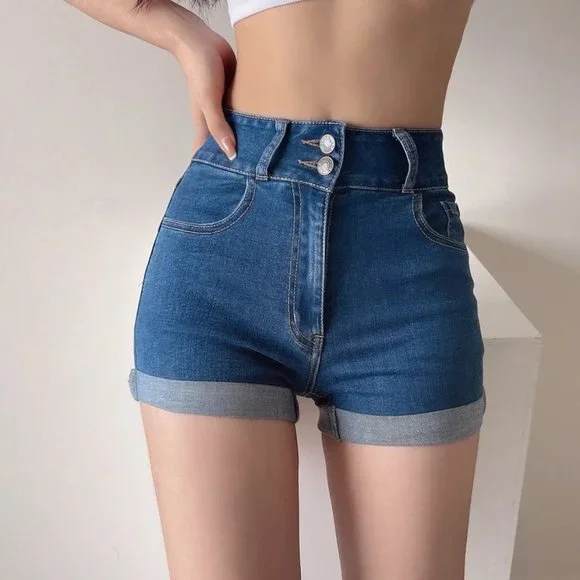 Romose Women's Denim Shorts - High Waist Washed Jeans Shorts, Dark Blue, Summer Hot Pants - View #8